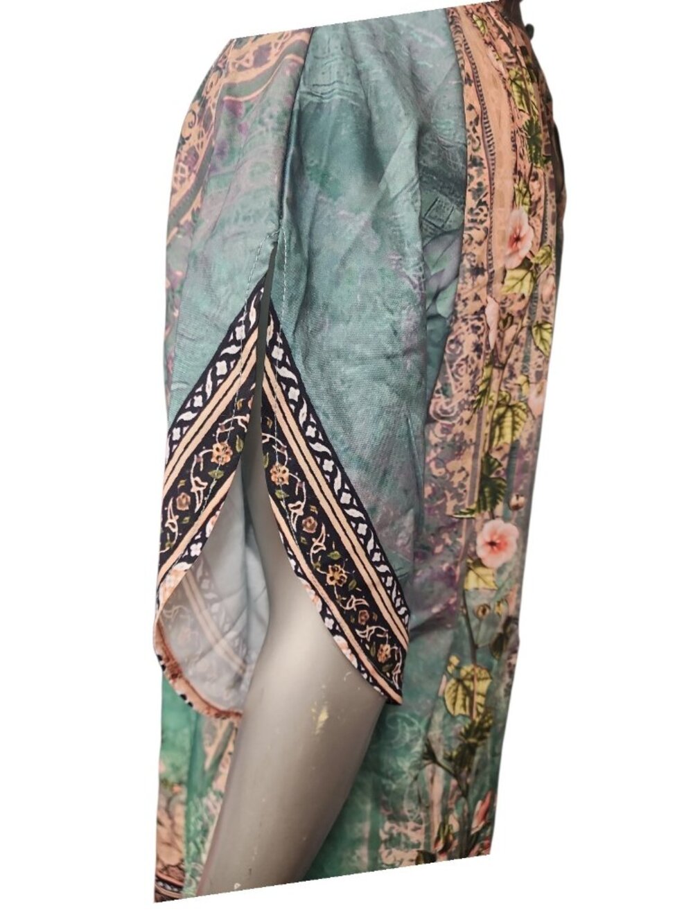 Romantic Botanical Print Kaftan Tunic Boho Baroque Floral Teal Mini Dress M - Picture 11 of 15